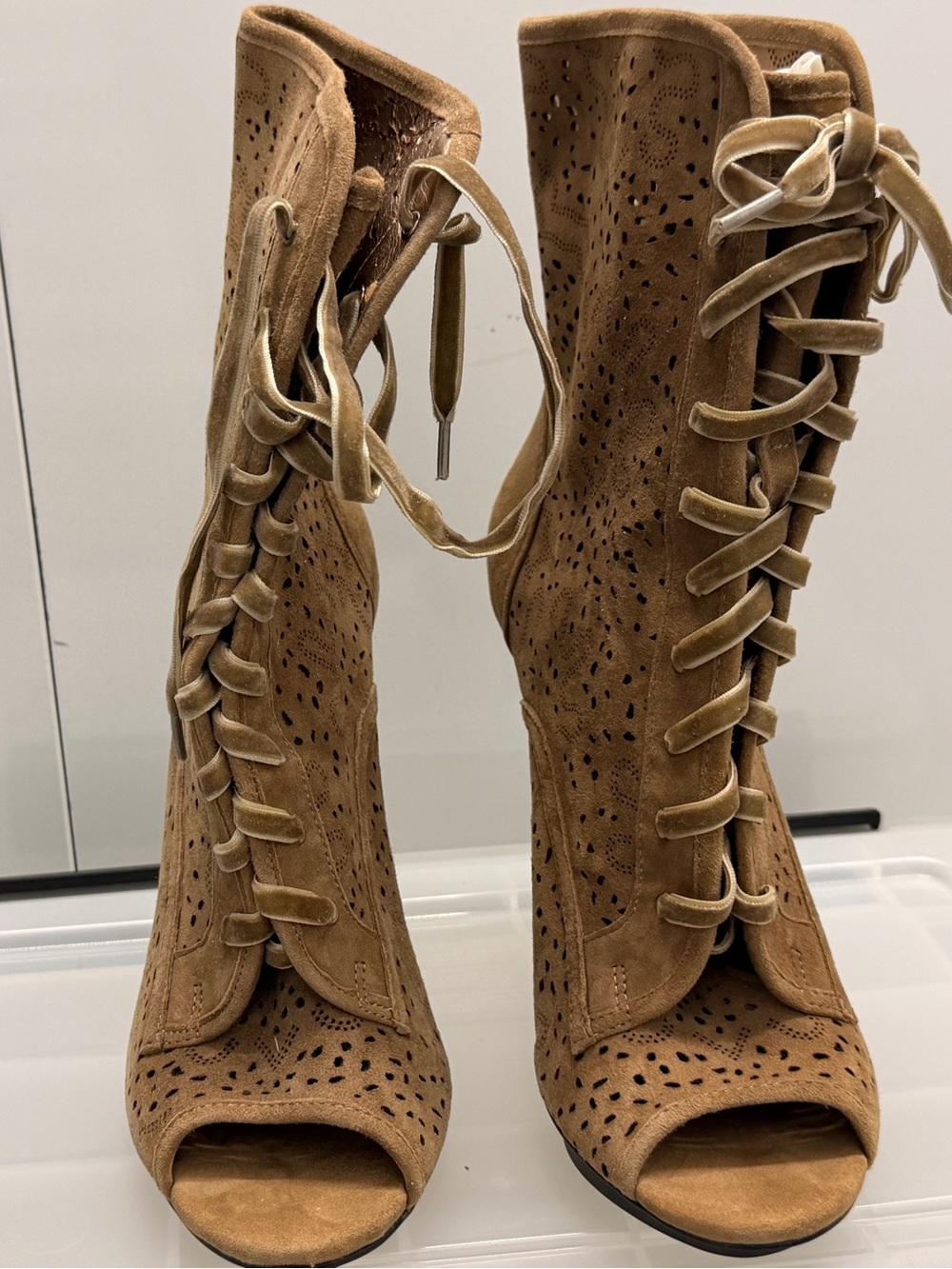 Suede Lace-Up Peep Toe Booties in Tan